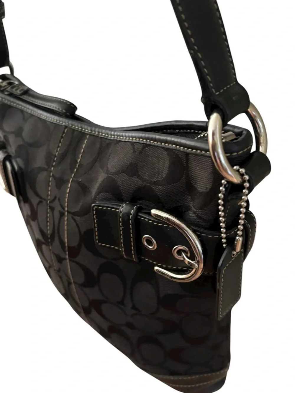 Coach‎ Black Signature Canvas Shoulder Hobo with Buckle Accents